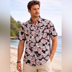 Pink and Grey Tropical Leaf Print Men's Shirt Size Large